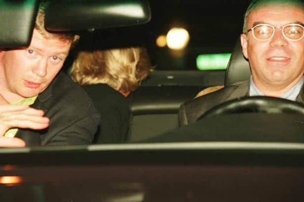 Traffic camera photo of Trevor Rees-Jones, Henri Paul and Princess Diana just before the crash. Notice how bright the light is. It was presumed that it came from paparazzi cameras. Conspiracy theorists now say it was part of the plot to murder Diana.