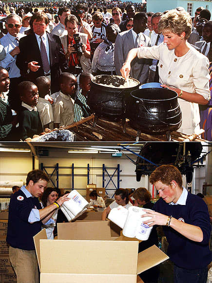 Top: Diana in Zimbabwe in 1993 with a Red Cross project for refugees. Bottom: Harry & William at Red Cross in Bristol, England packing boxes to send to victims of Asian tsunami of 2004
