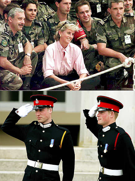 TOP: Diana posing w/ French soldiers serving NATO-led peace force at the Sarajevo airport BOTTOM: William & Harry at Sandhurst Royal Military Academy