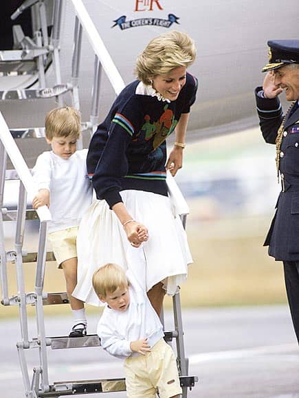 Princess Diana with her two boys, Harry, age 2 and William, age 4 in 1986 at Aberdeen Airport