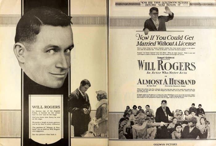 Poster for 1919 film with Will Rogers: Almost a Husband. pages 1534 and 1535 of the August 23, 1919 Motion Picture News.