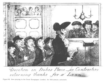 Encyclopaedia Judaica (1971): Anti-Semitism, vol. 3, col. 141-142b: Jews praying in the Great Synagogue, London. "Devotion in Dukes Place - or Contractors returning thanks for a Loan."