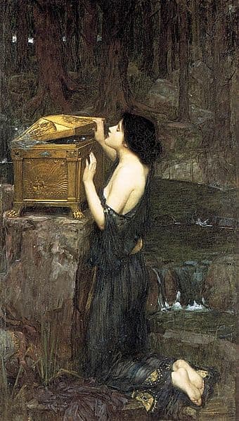 A painting depciting Pandora opening the box. Painted by John William Waterhouse (1849–1917) PD-art-100