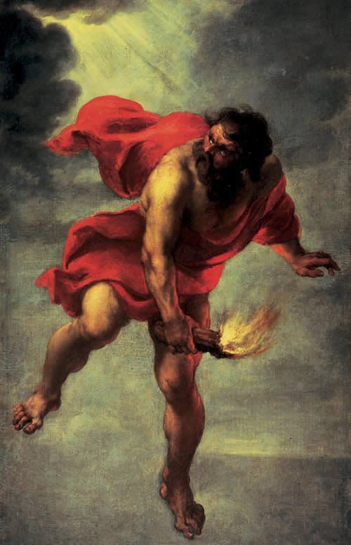 This painting depicts prometheus stealing fire from the gods. Painted by Jan Cossiers - Prometheus Carrying Fire PD-art-100