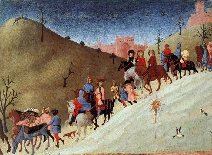 Sassetta, Procession of the Magi (1435), New York Metropolitan Museum of Arts - The painting is part of a dismembered panel. The other part, depicitng the adoration of the Magi, is in a private collection in Siena.