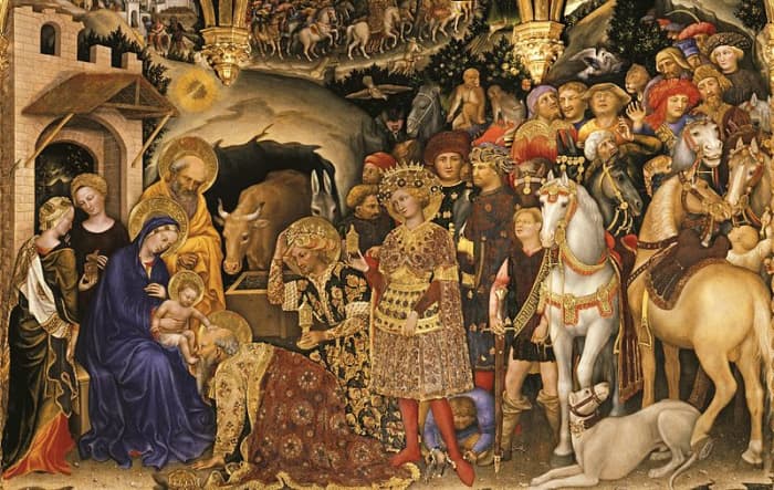 Gentile da Fabriano, Adoration of the Magi (1423), Florence Galleria degli Uffizi - Detail