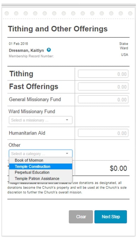 Members can fill this online form out and pay via e-check as well. (My personal membership record, ward & stake designations have been removed for privacy reasons.) Under the drop down menu is the word "Total."