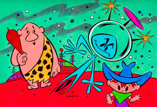 The first TV cartoon produced in color, featuring the adventures of a caveman, a cowboy, and an alien