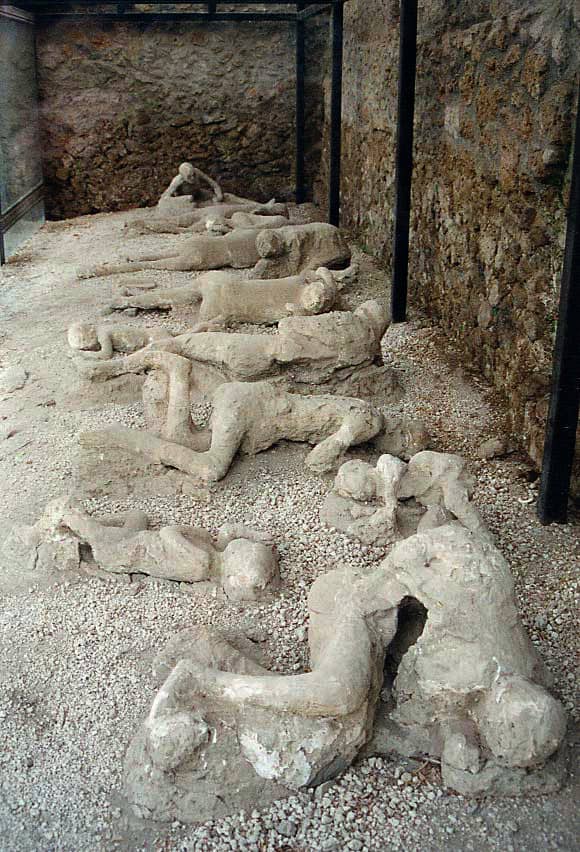 The casts of the corpses of a group of human victims of the 79 AD eruption of the Vesuvius, found in the so-called “Garden of the fugitives” in Pompeii.