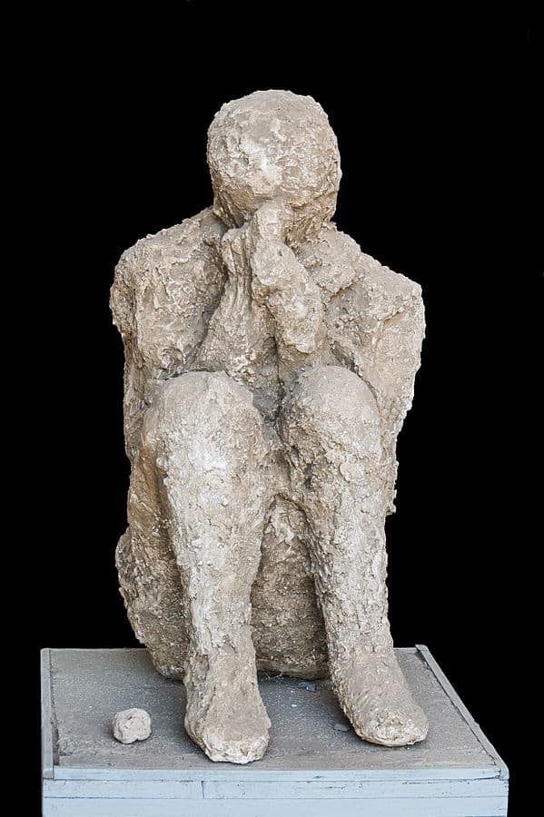 Cast of a sitting victim of the eruption of Mount Vesuvius, 79 CE, Pompeii, Italy