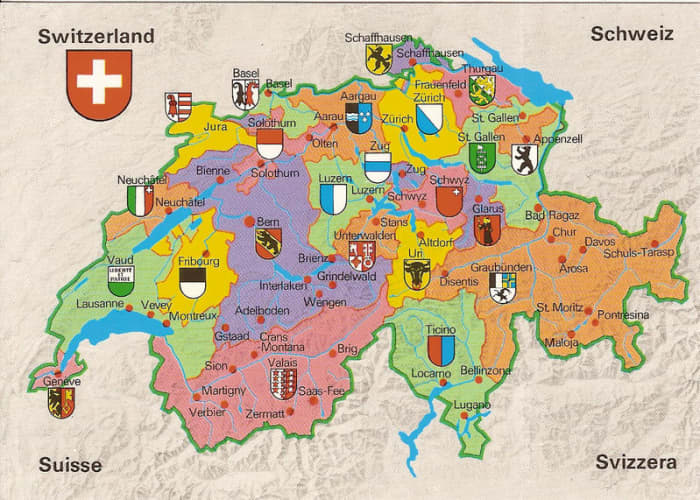 Switzerland and its Cantons (for reference of where the meals are from) - featuring Switzerland's National languages, where the north speaks multiple dialects of Swiss German, the east French, the west Romansh, and the south Italian.