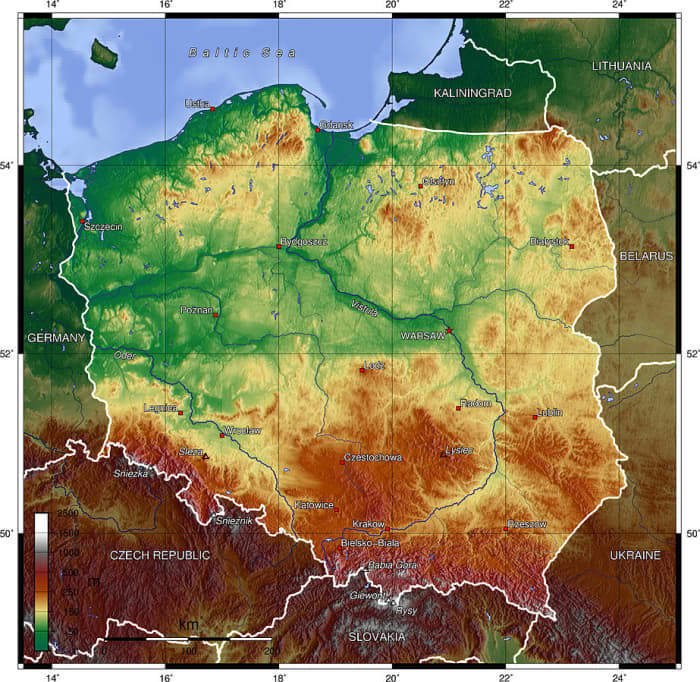 Topography of Poland: farm lands are green; golden-yellow areas are lowlands and marshes; and rust-colored areas are ridges and mountains.