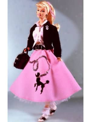 Barbie's long golden, tied-up hair is a perfect compliment to her stylish poodle skirt and saddle shoes! She's the belle of the Barbie Ball and queen of the sock hop!
