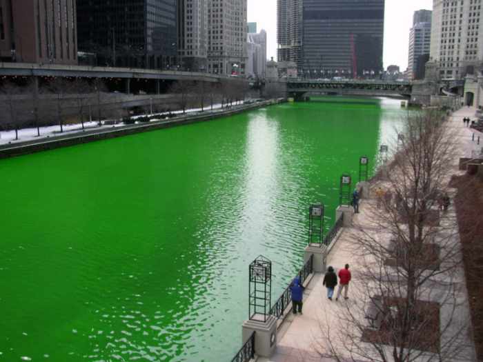 The Chicago River is dyed green each year for the St. Patrick's Day celebration, shown here in 2008.