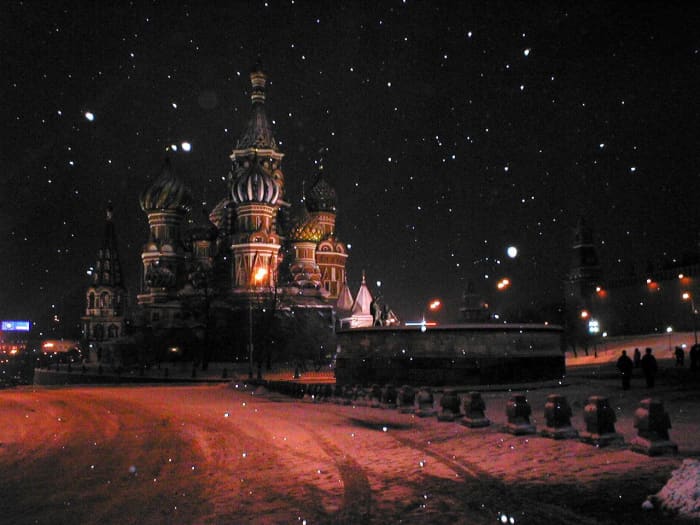 Photo of the snow falling on St. Basil's Cathedral and Red Square in Moscow. Photo by lonesome:cycler and distributed under Creative Commons Attribution Sharealike 2.0 License.