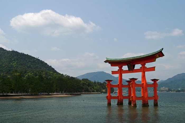 A torii is a gate found at the entrance to a Japanese shrine, and this one is at the entrance to the Itsukushima shrine. Photo by Lightmatter under Creative Commons Attribution 2.0 License.