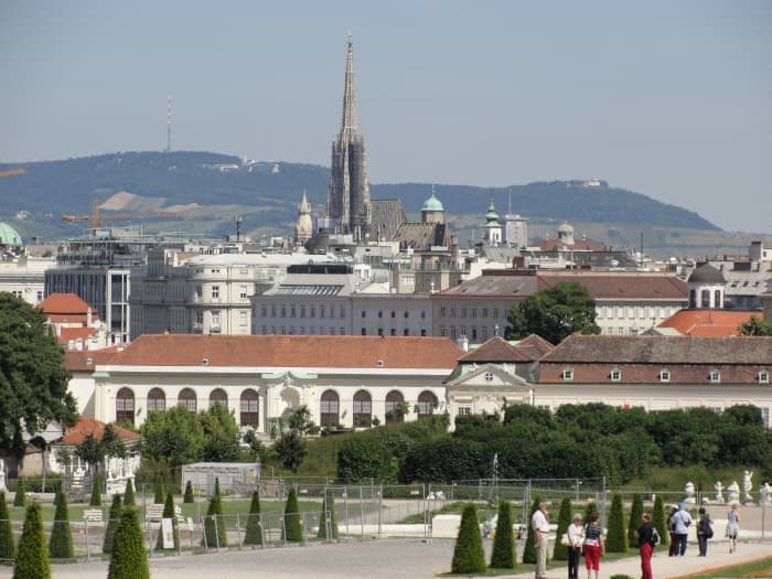 View of the Inner city of Vienna as seen from the Belvedere. In the background the Easternmost hills of the European Alps.