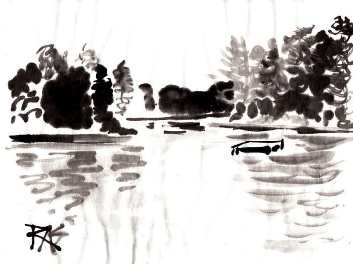 Lake Scene with Raft, sumi-e painting by Robert A. Sloan from photo reference by Helen on WetCanvas.com