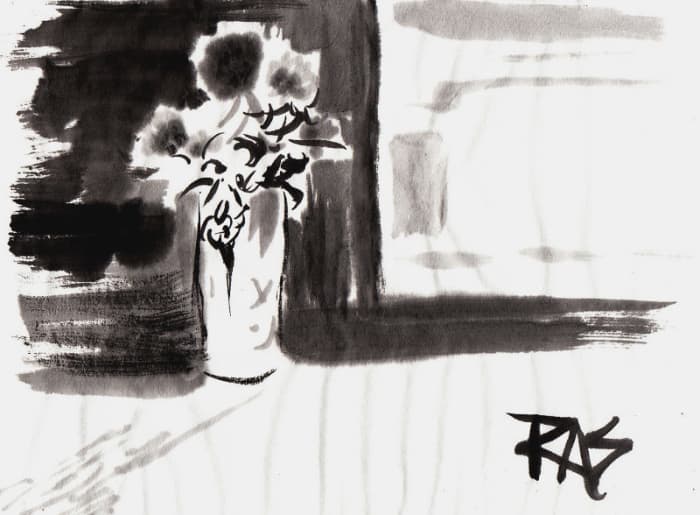 Flower Vase in Sunlight, sumi-e painting by Robert A. Sloan from photo reference by Helen posted on WetCanvas.com