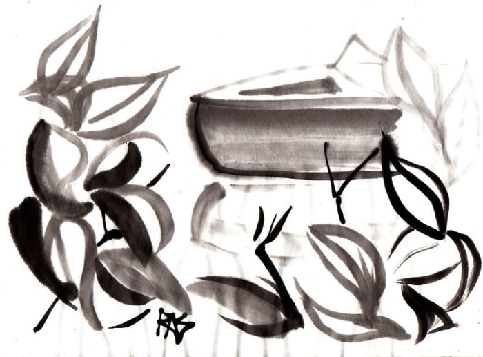 Wooden Boat framed by Lilac Leaves, sumi-e painting by Robert A. Sloan from photo reference by WC member Helen on WetCanvas.com