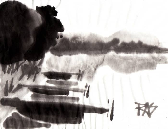 Docks on Spider Lake, MI - 1 painted in sumi-e ink with Chinese brushes on rice paper by Robert A. Sloan from a photo reference by Helen on WetCanvas.com