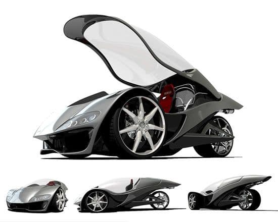 Concept Car of the Future called the Hawk Car, and is a three wheeler,single seat, almost like a bike, and reaches speeds of 233km;h, covered with fibre glass plus plastic leather