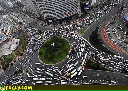 Gridlocks happen in other places than the grid and these traffic jams are very hard to break up. This is caused by us, Humans. A diagram of from Wikipedia, and a gridlocked circle