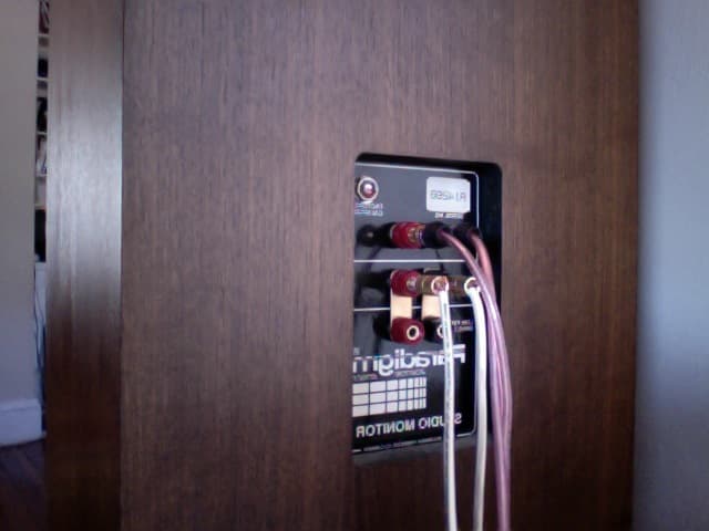 The back of the Paradigm Studio Monitor: a Tri-ampable speaker. Notice it is BI-AMPED for tweeters and mid-low