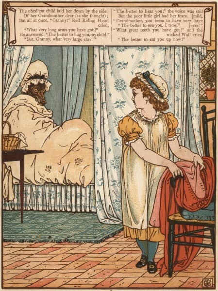 The Little Red Riding Hood says, "My, what big teeth you have!" (pause) The wolf replies, "The better to eat you with," and ... swallows her whole.