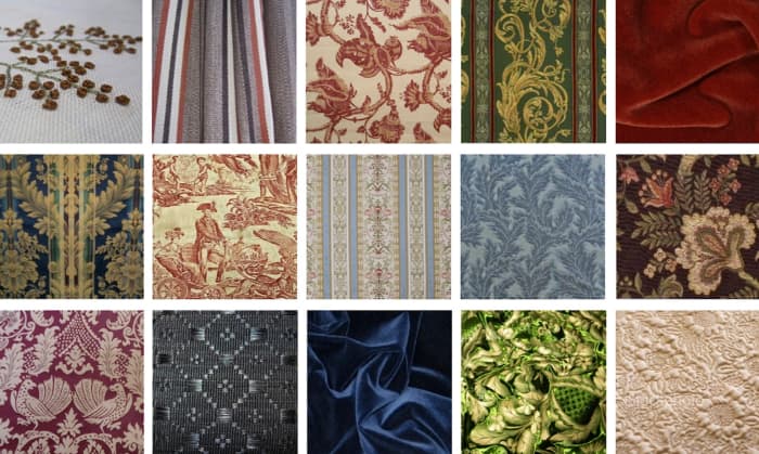 Vintage and new historic and reproduction fabrics ranging from wool and cotton to silk and horsehair in designs from the early 1700s through the early 1900s. Courtesy of