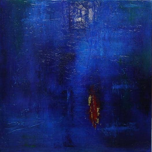 This result was achieved using texture underneath plus many layers of blues with a transparent dark blue glaze on top. Painting (c) Azure11, 2010