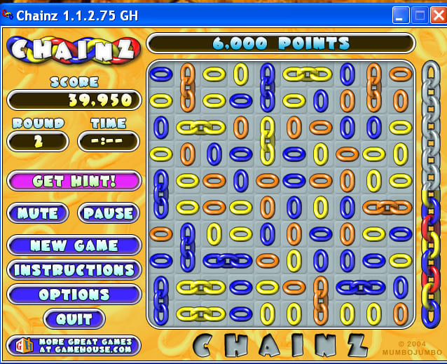 Screenshot--3 already there vs. 3 you match Note 3 orange links at top right: rotating those will cause a match. Note 5 horizontal blue links at bottom left; one rotated vertically. Rotate it to horizontal to score a 5-link chain!