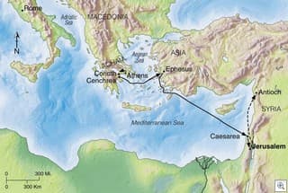 Map of Paul's journey from Corinth to Antioch, showing also the three cities where Priscilla and Aquila lived.