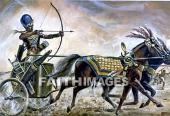 A painting based on an authentic tomb painting of Pharaoh Thutmosis IV in his war chariot, with bow and arrow