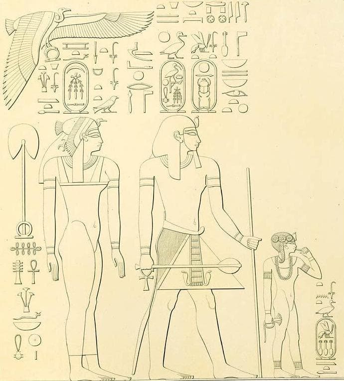 Pharaoh Thutomose on the 18th Dynasty of Ancient Egypt, with his chief whife Queen Ahmose and daughter of Neferubity. (The father , nther and sister of Hatshepsut