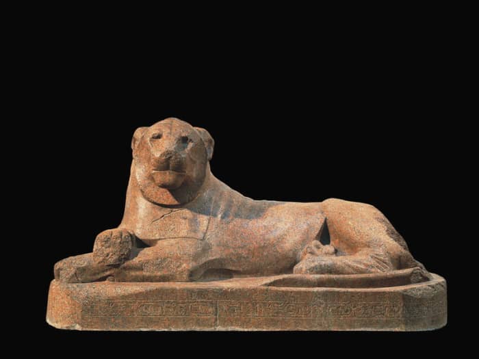 Lion of Amenhotep III that guarded a temple build by Amenhotep III and was re-inscribed for Tutankhamun