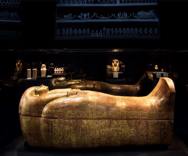 These beautiful gold and precious-stone canopic coffinttes were created to hold the mummified organs of the Pharaoh Tutankhanum