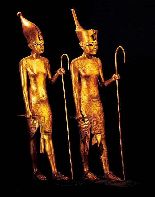 Tutankhamun as king of Upper Egypt(left), Tutankhamun as King of Lower Egypt(Right) - 18th Dynasty, and the statues are made of gilded wood