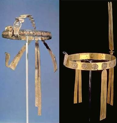 Both these Diadems belonged to Tutankhamun. Left: at the front of this diadem are the vulture and the uraeus; right: wavy body extending in an arc from front to back, serving to keep the diadem from dropping down over the face