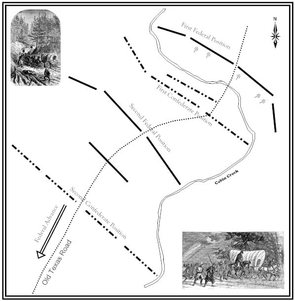 Oklahoma Civil War Sites: Map showing the Confederate and Union positions during the Battle of Cabin Creek.