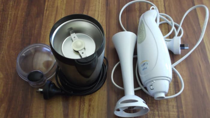 The two electrical products I use most often in my off-grid kitchen are these. My little grinder for making quick work of grinding nuts, spices etc, and my hand-held blender.