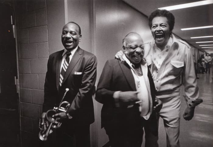 Cootie Williams, Count Basie, and Billy Eckstine, backstage at the Duke Ellington tribute, CBS TV studios, Los Angeles, 1972.