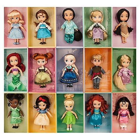 The mini doll collection includes Cinderella, Belle, Jasmine, Aurora, Pocahontas, Ariel, Anna, Elsa, Kristoff, Rapunzel, Tiana, Snow White, Tinkerbell, Merida and Mulan.