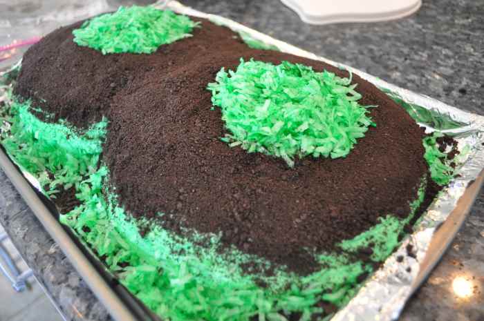 Green tinted coconut not only gives a look of grass, but gives the cake a special taste.