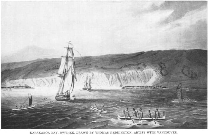 Kamehameha's ships meet Vancouver's ships in Kealakekua Bay.