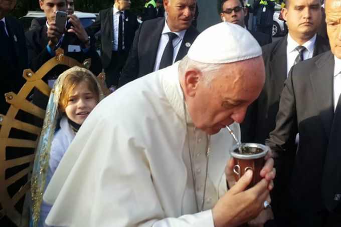 Pope Francis drinking yerba mate tea. Pope Francis drinking mate while in Paraguay, July 2015. Photo courtesy of Mariana Moreno.