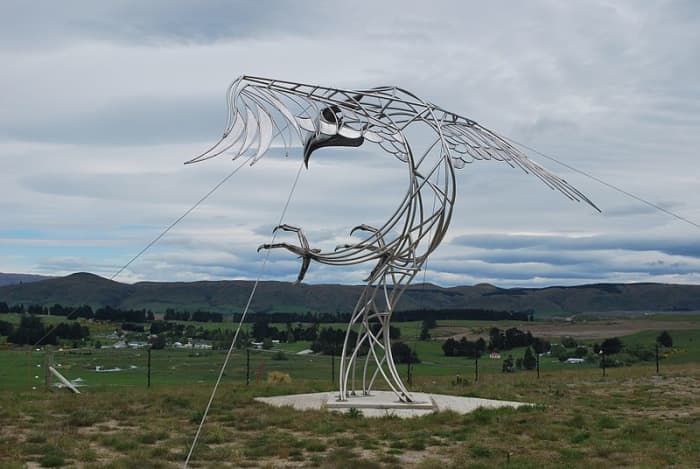 A sculpture of the giant eagle erected on the Macraes Mine site near Macraes Flat, New Zealand