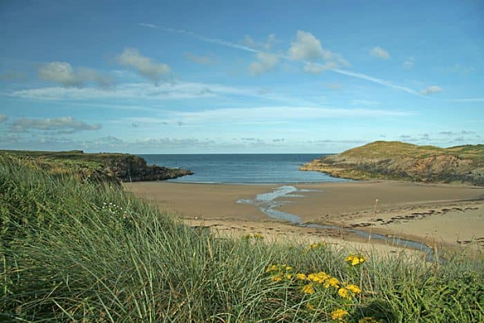 Cable Bay near Aberffraw - an ideal landing beach for the Norsemen's ships, and suitable for a camp from which to forage inland