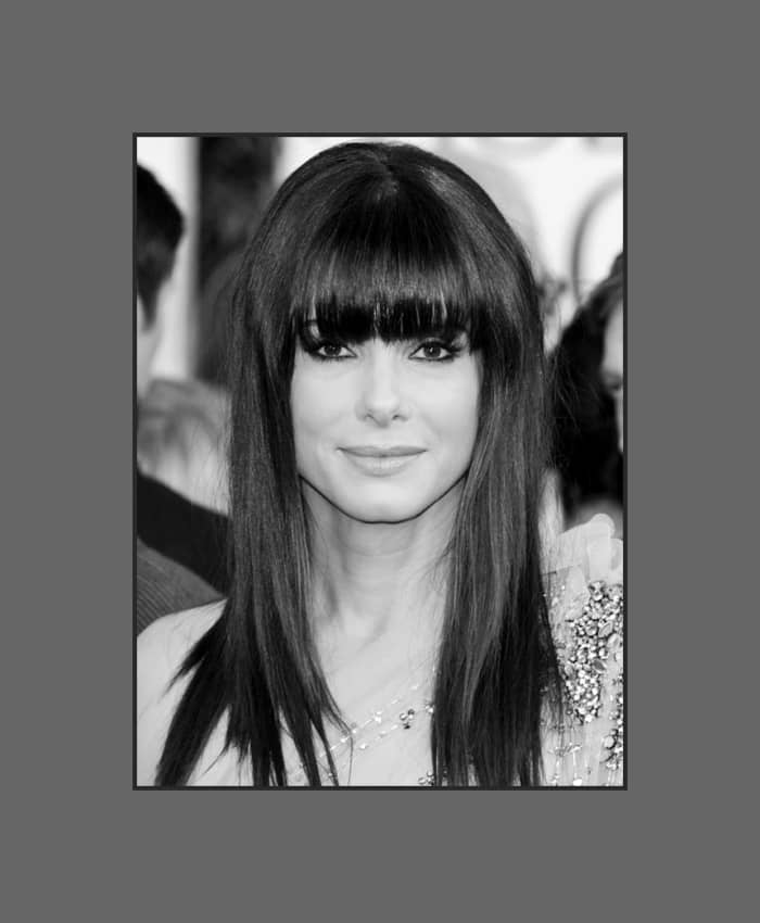 Sandra Bullock looks gorgeous with straight long full bangs. Big full bangs look great for square faces - 2013 Hairstyles with Bangs for Round, Oval, Square, Heart, Oblong Face