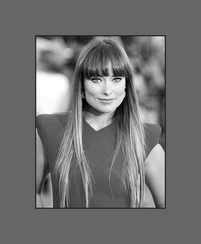 Olivia Wilde wears her long hair with straight full bangs cut just above the eyes. So flattering for square face - 2013 Hairstyles with Bangs for Round, Oval, Square, Heart, Oblong Face